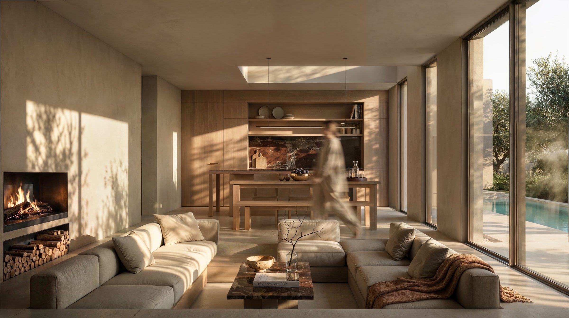 Cocina y salón con estar enterrado y chimenea