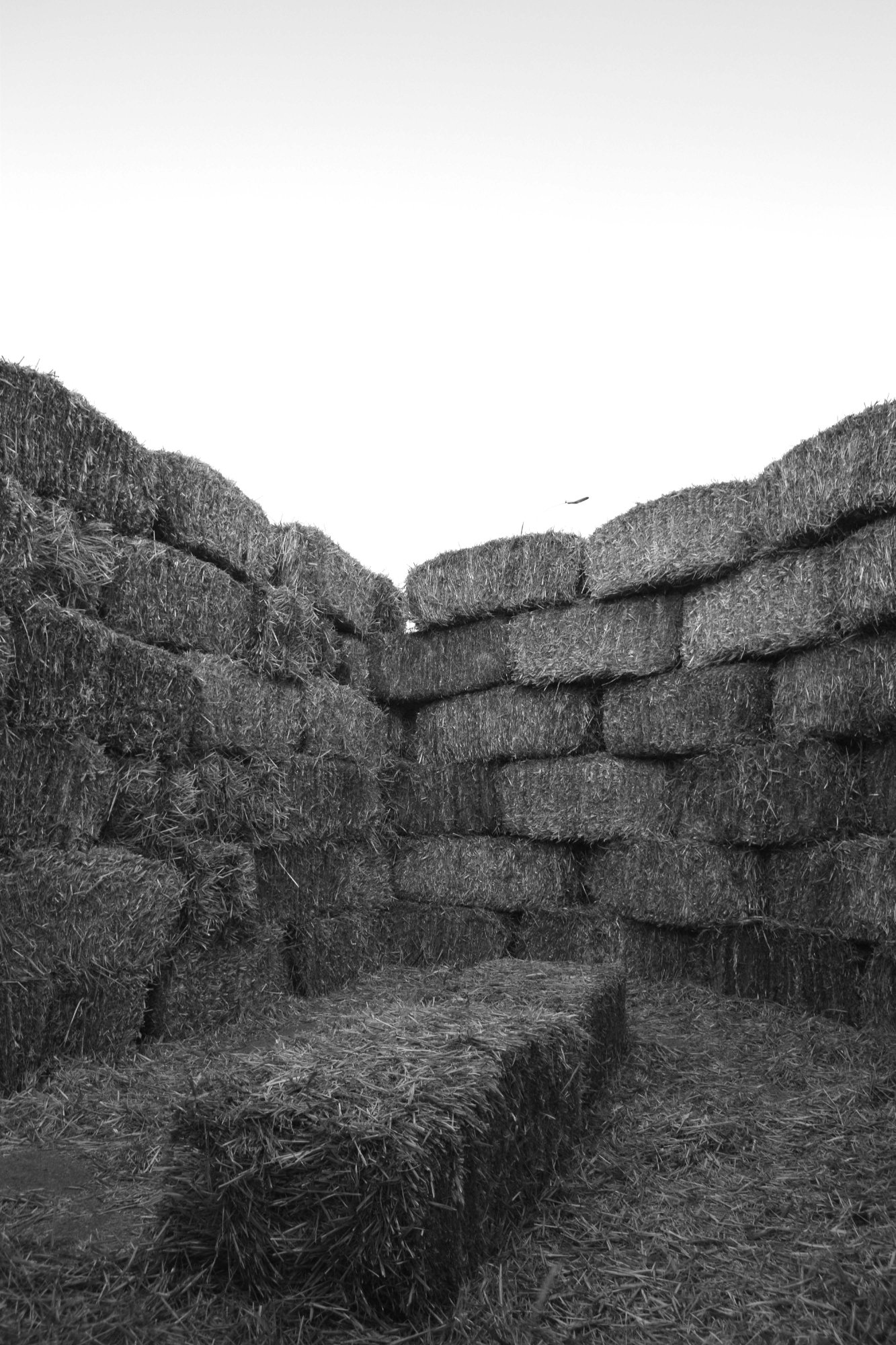 Pasillo entre muros de pacas de paja